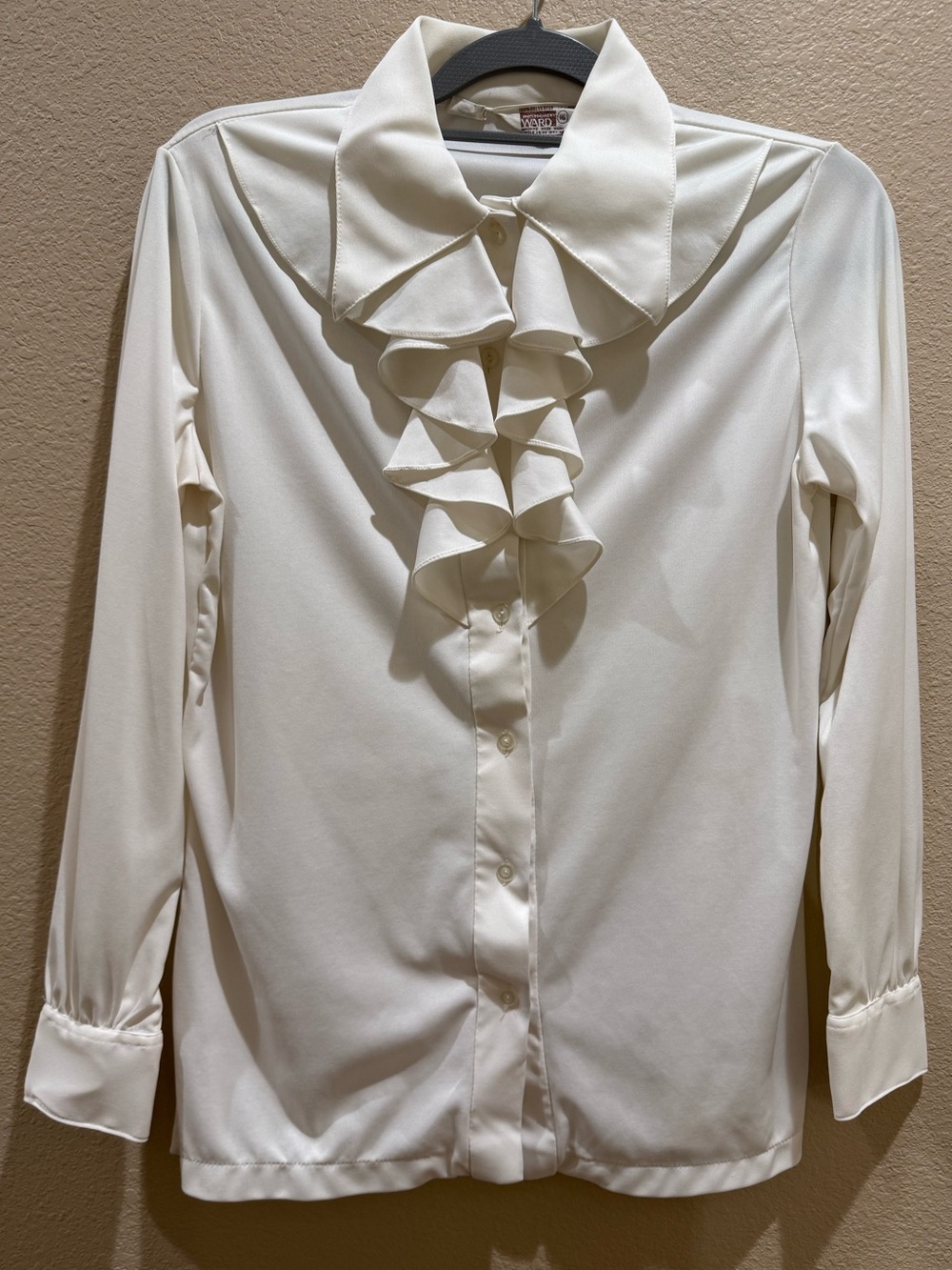 Vintage 70s Montgomery Ward White Ruffle Secretary Blouse Size M